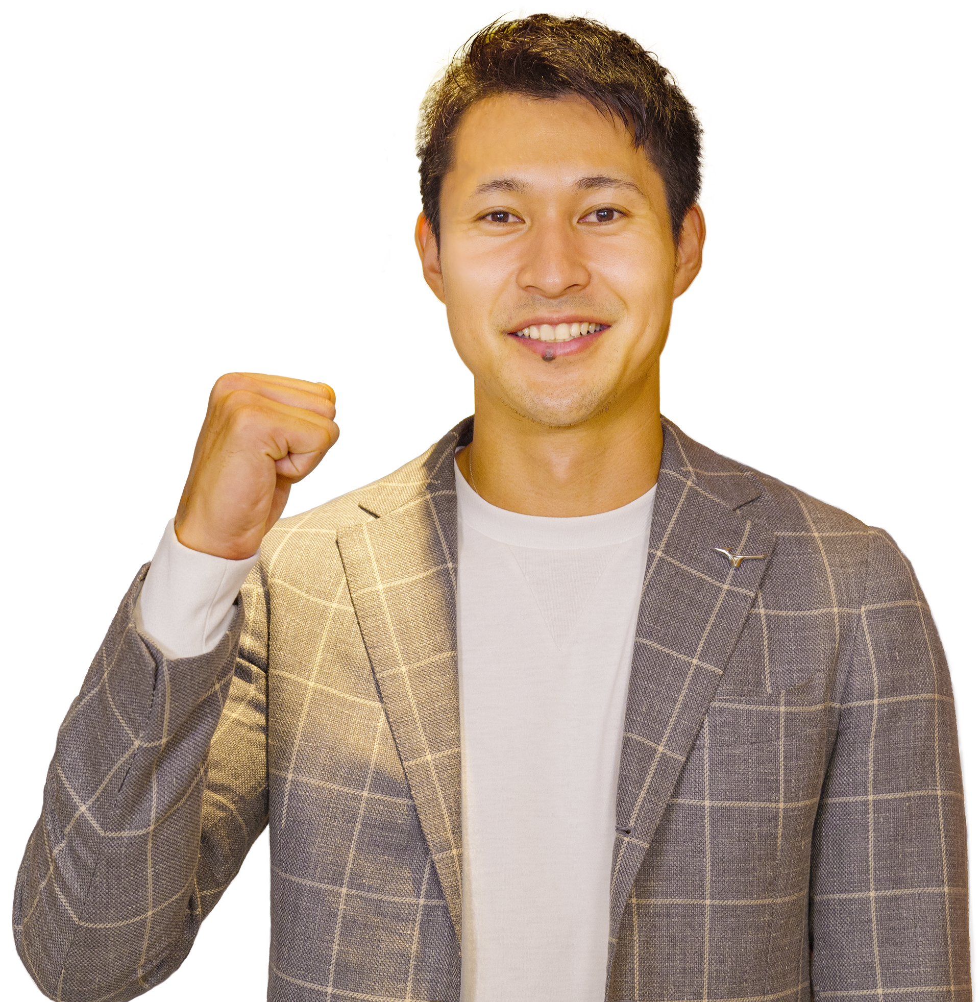 スポーツコミッションShizuokaスポーツアンバサダーの飯塚翔太がガッツポーズをしている